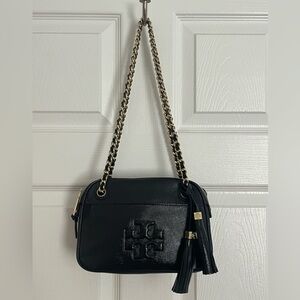 Tory Burch Thea Black Leather Chain Strap with Tassels